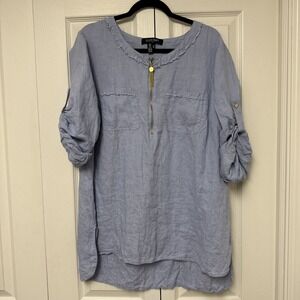ELLEN TRACY 100% Linen Women's 1X Blue Tunic Gold Zipper Roll-Tab 3/4 Sleeve EUC